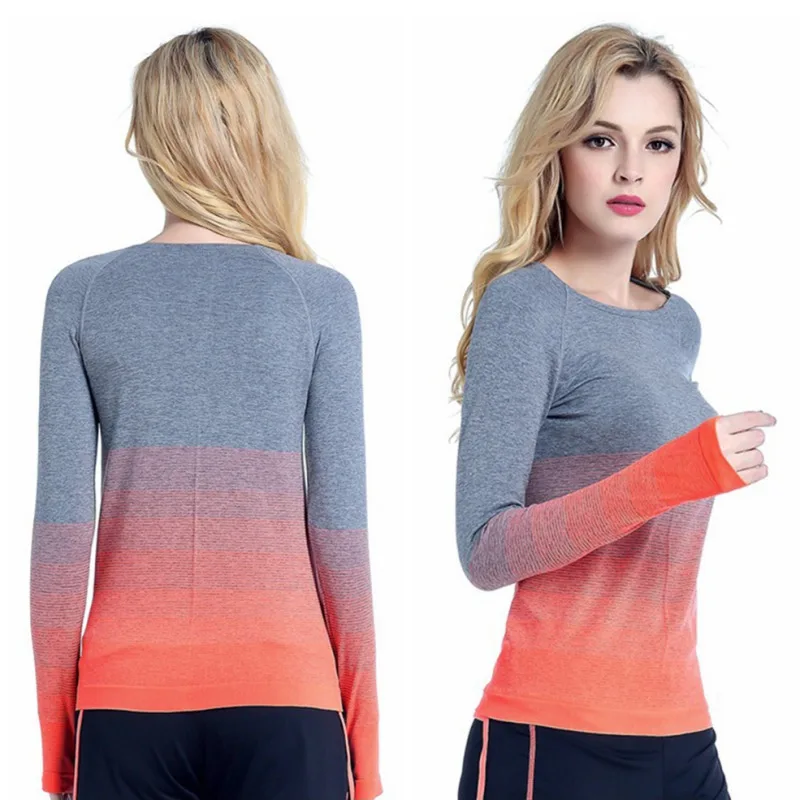 2019 fall winter sport Sievietēm gradientu, krāsu krekls ar garām piedurknēm Darbojas elastīga dāma Jogas garām Piedurknēm T-krekls Āra