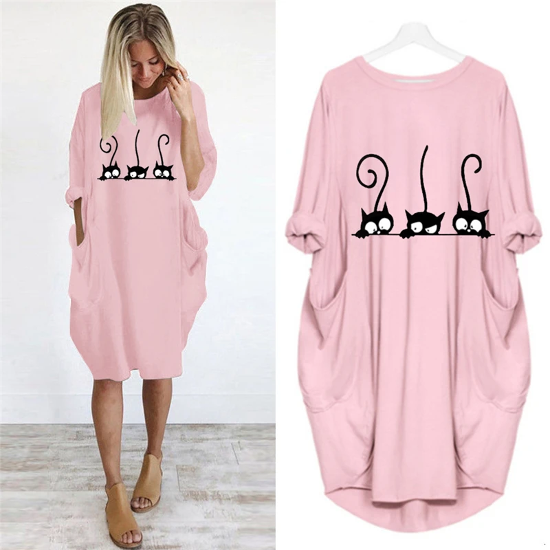 2019 Kleita Cute Cat Drukāšanas Kabatas Brīvs Dress Vintage Rudenī Maxi Drēbes Sievietei Gadījuma Kleitas Puse Sieviešu Kleitas, Plus Izmēru Jaunas