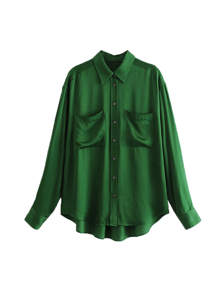 2019 Super Skaista Smaragda Satīna Zaudēt Garš Krekls Modes Visu maču Ērti Sieviešu Krekli
