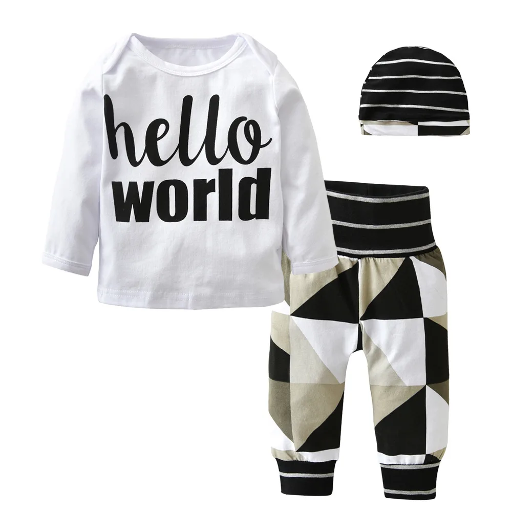 2020. gada rudens modes zīdaiņu drēbes puiku drēbes ar garām piedurknēm T-krekls+bikses+cepure 3pcs jaundzimušo mazuļu baby girl apģērbu komplekts