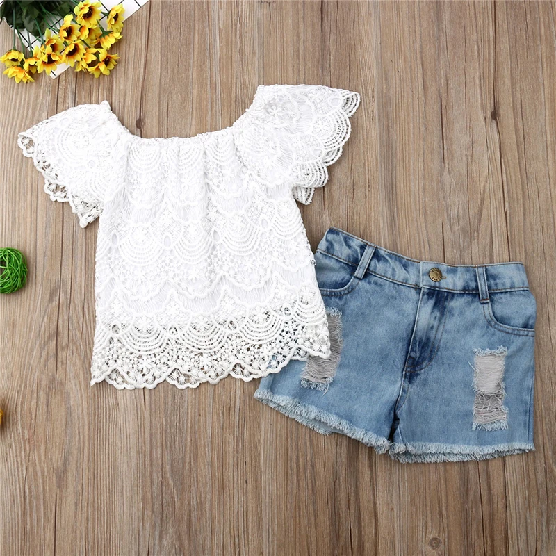 2GAB Bērniem, Baby Meitenes Vasaras Apģērbu Komplekti Mežģīņu Ziedu T-krekls, Tops+Džinsa Īsās Bikses Apģērbu Komplekts 1-6Y