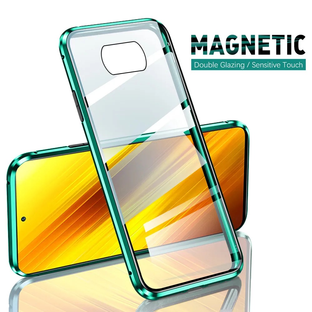 360° Magnētisko Pārsegu, Lai Xiaomi Poco X3 NFC Gadījumā Xiomi pocophone x 3 poko poxo 3x pocox3 Double Sided Rūdīts Stikls Coque