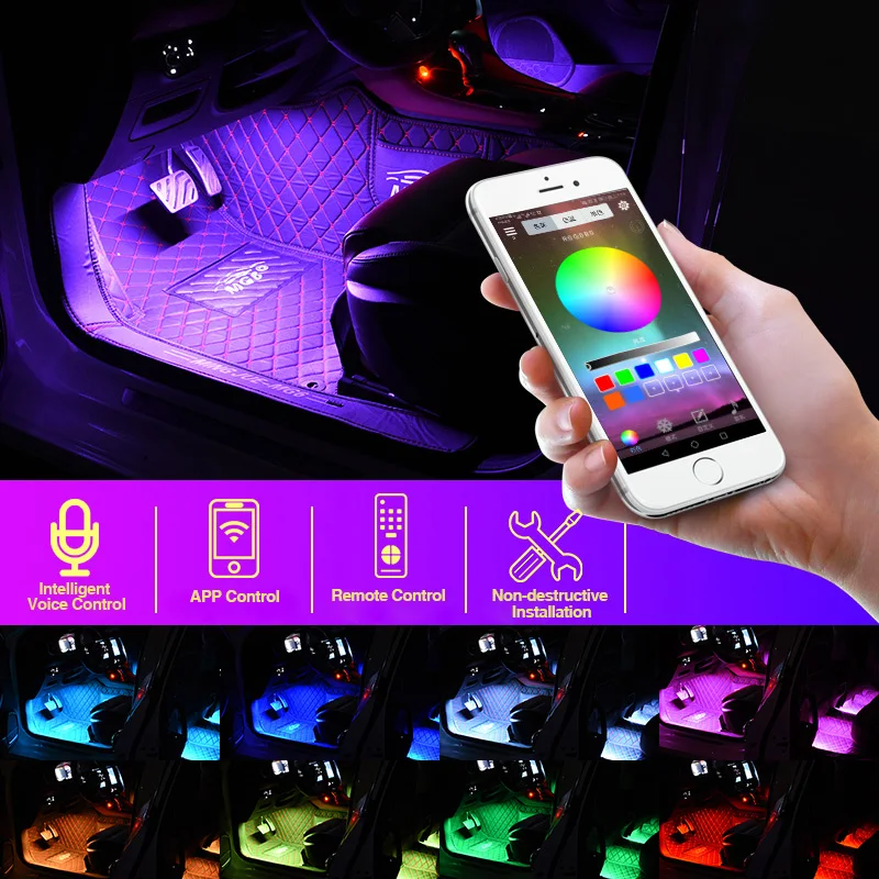 4gab LED Auto Kāju Apkārtējās vides Gaismas Lampa Ar USB Bezvadu Tālvadības Mūzikas Vadības Vairākiem transporta Veidiem Automobiļu Interjera Dekoratīvie Gaismas