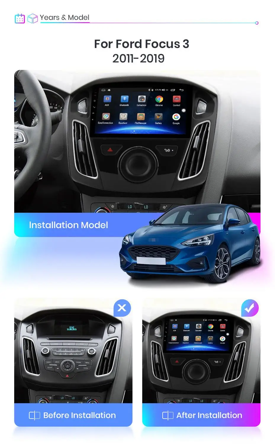 Android 10.0 GPS Navigācija, Radio, DVD Atskaņotāju Ford Focus 2012-2017 Video Atskaņotājs, Stereo Headuint bezmaksas kartes Uzcelta Carplay dsp