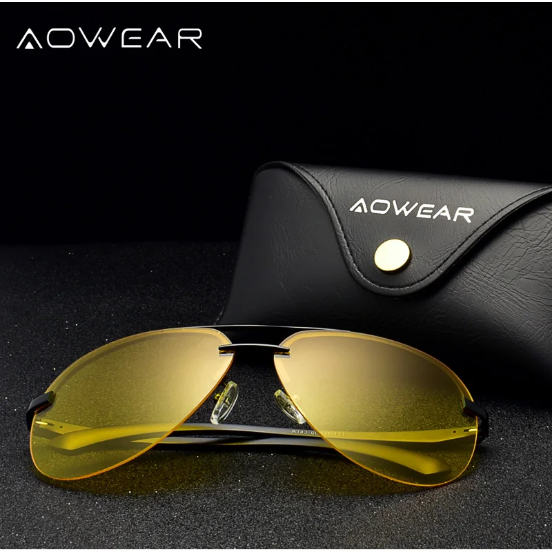AOWEAR bez apmales Nakts Braukšanas Brilles, Saulesbrilles Vīriešiem Polarizētās HD Nakts Redzamības Brilles Vīriešu UV400 Dzeltenas, Saules Brilles Gafas De Sol