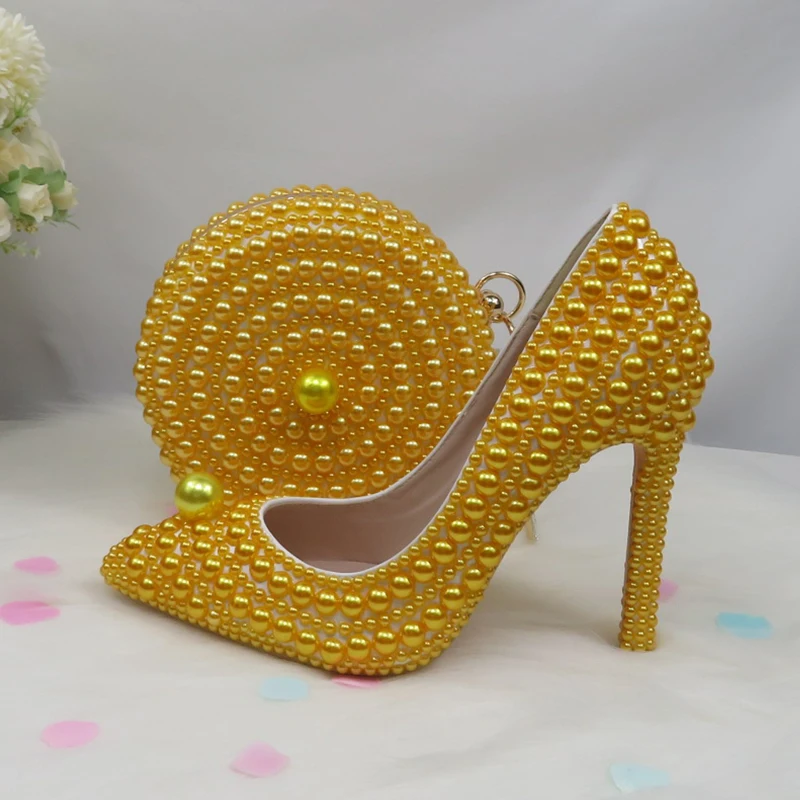BaoYaFang Dzeltena Pērle sieviešu kāzu kurpes ar atbilstošas somas Līgava Augstiem papēžiem dāmas puse kleita kurpes sieviete Norādīja Toe Sūkņi