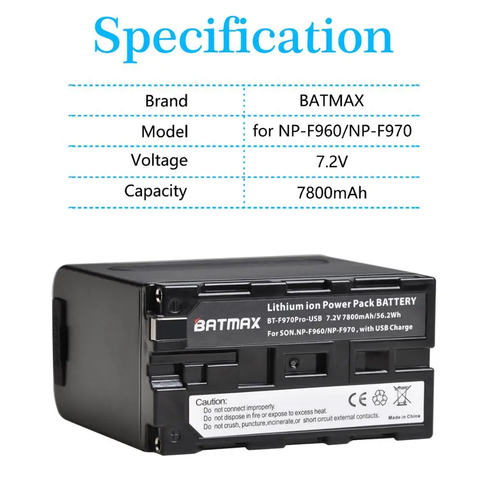 Batmax NP-F970 ar USB Uzlādes Jauda NP-F960 NP-F960pro NP-F970pro Akumulators Sony PLM-100 CCD-TRV35 MVC-FD91 MC1500C L50