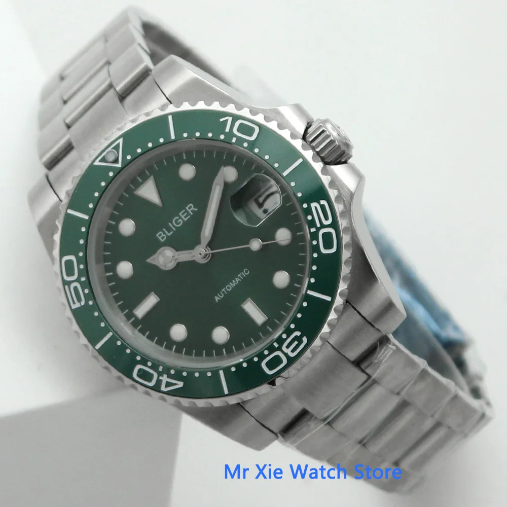 Bliger 40mm Mens Watch Green Dial Keramikas Bezel Safīra Stikla Gaismas Ūdensizturīgs NH35 Automātiskā Kustības Vīriešu rokas Pulkstenis
