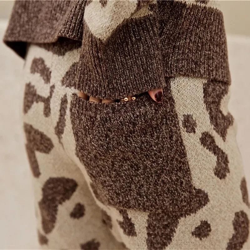 Brīvs Leopard Trikotāžas Divdaļīgs Kostīms Sieviešu Ikdienas O-Veida Kakla Džemperi, Topi + Adīt Harēma Bikses Kafijas Streetwear Tracksuit Sieviete