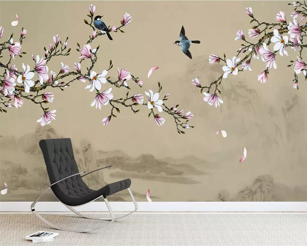Custom tapetes, sienas magnolijas roku apgleznoti smalkas ziedu un putnu TV fona sienu dekoratīvais krāsojums 3d tapetes