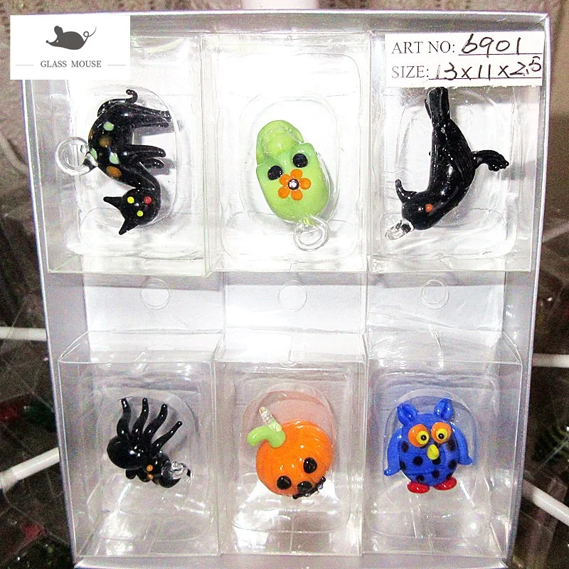 Dekoratīvas Miniatūras Statuetes stikla Ķirbju, galvaskauss, kaķi, zirnekļi, pūce, Melnais putns rotājumu Halovīni stils, roku darbs, stikla Piekariņu