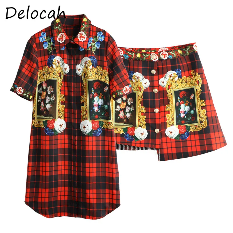 Delocah Elegantu Vasaras Uzvalks Modes Skrejceļa Sieviešu Ziedu drukāt Red pārbaudiet krekls Setsft Svārki 2 Divi Gabali Komplekts
