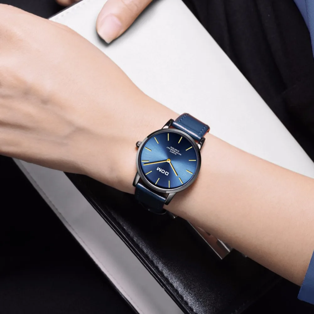 DOM Ultra plānas Dāmas Skatīties Luksusa Zīmolu Sieviešu Pulksteņi Ūdensizturīgs Zilā Krāsa Nerūsējoša Tērauda Kvarca Rokas pulksteni femme G-36BL-1MT