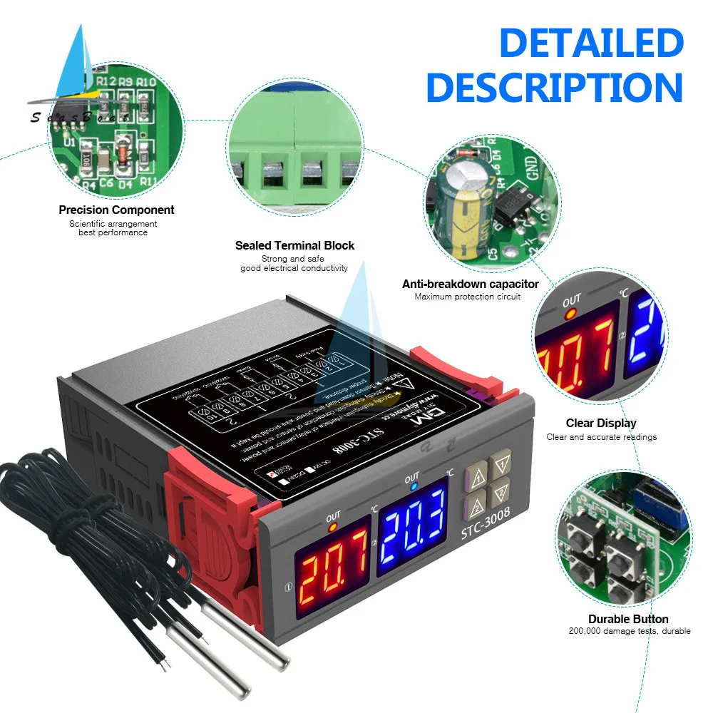 Dual Digitālais Temperatūras regulators Inkubators Termostats Divi Releja Izejas Thermoregulator Sildītājs Vēsāks Vadības Slēdzis STC-3008