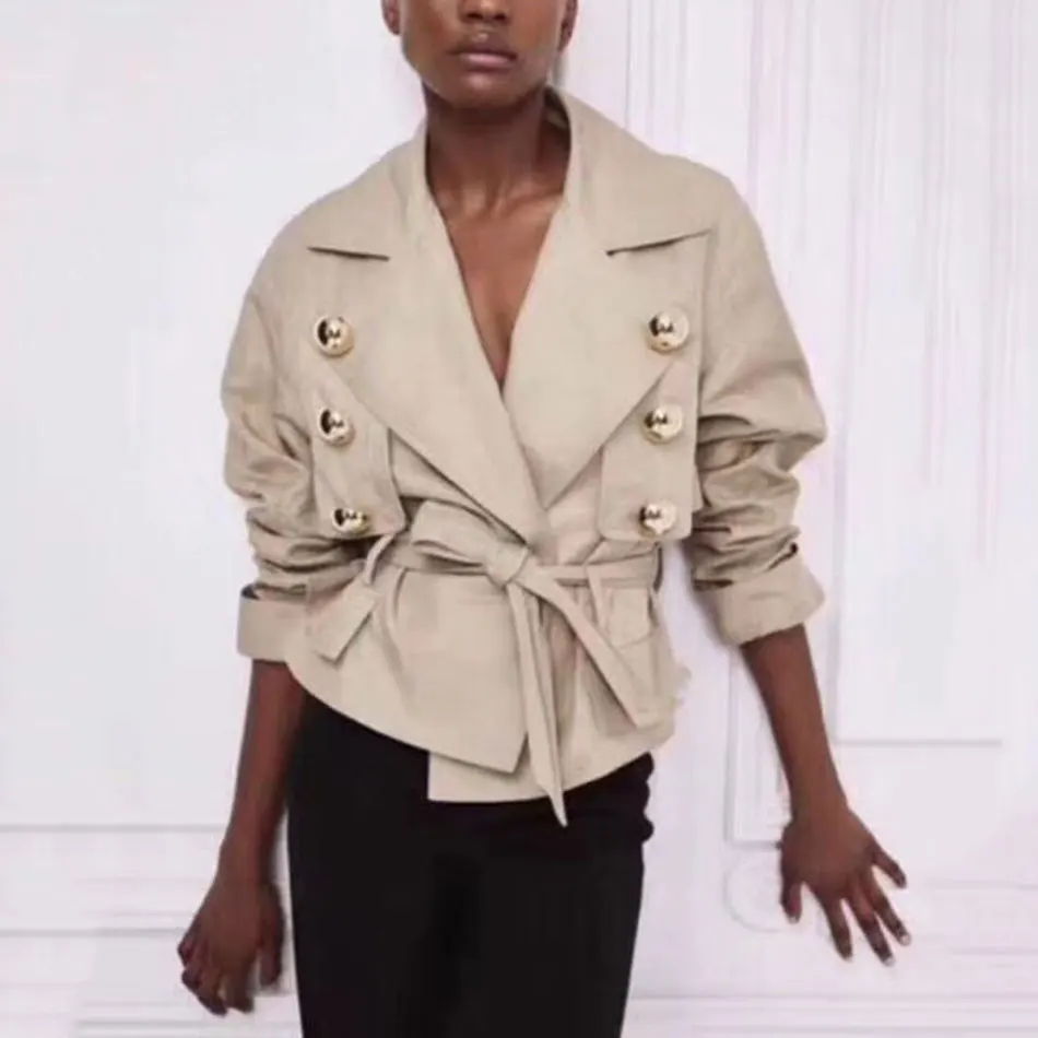 Elegantas Sievietes Haki Īss Uzrakt Mētelis Modes Iecirtums Atloks ar garām Piedurknēm divrindu Mežģīnes-up Tranšejas jaka Sieviešu 2020. Gada Rudens Jaunas