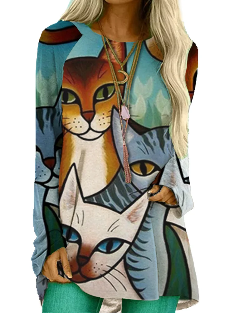 Elegants Karikatūra Kaķis Drukāt Sieviešu Gadījuma Top Rudens Brīvs O-veida Kakla garām Piedurknēm Plus Izmēra T-krekls Harajuku Fashion Dzīvnieku Dāma Iela