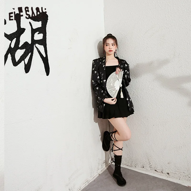 ELFSACK Black Grafiskais Izdrukāt Dubultā Krūtīm, korejas Sieviešu Satīna Žakete, Jaka 2020. Gada Vasaras ELF Pilnu Piedurknēm Dāmas Ikdienas Outwears
