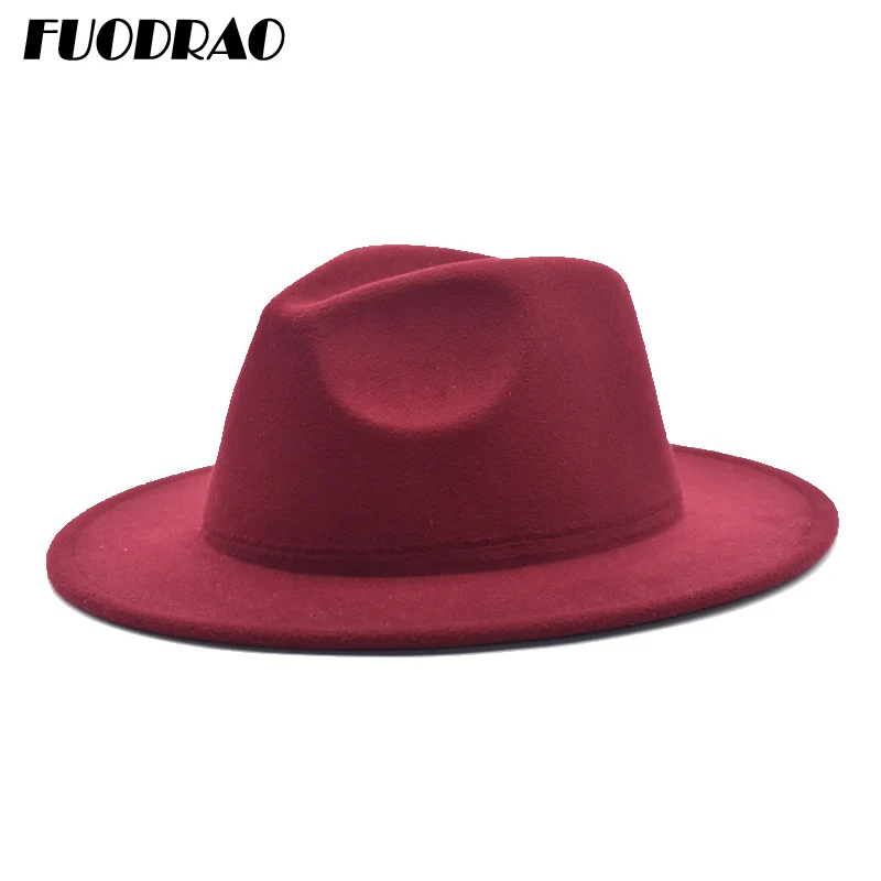 FUODRAO Jaunu Modes Fedoras Sieviešu Pavasara tīrtoņa Krāsu Vilnas Cepures Men Black Red Džeza Cepures Platām Malām, Džentlmenis Elegants F64