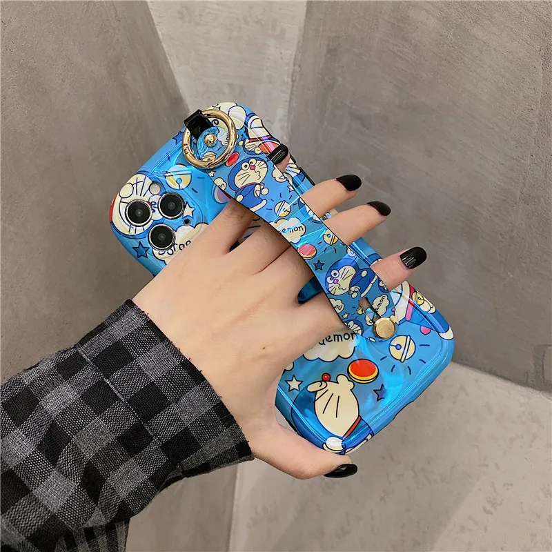Gudrs Doraemon Rokas Siksniņas Telefonu Gadījumos iPhone 12 12Mini 11 Pro XS Max SE X XR 7 8 Plus Glossy Blue Ray Aproce Stāvēt Vāciņu