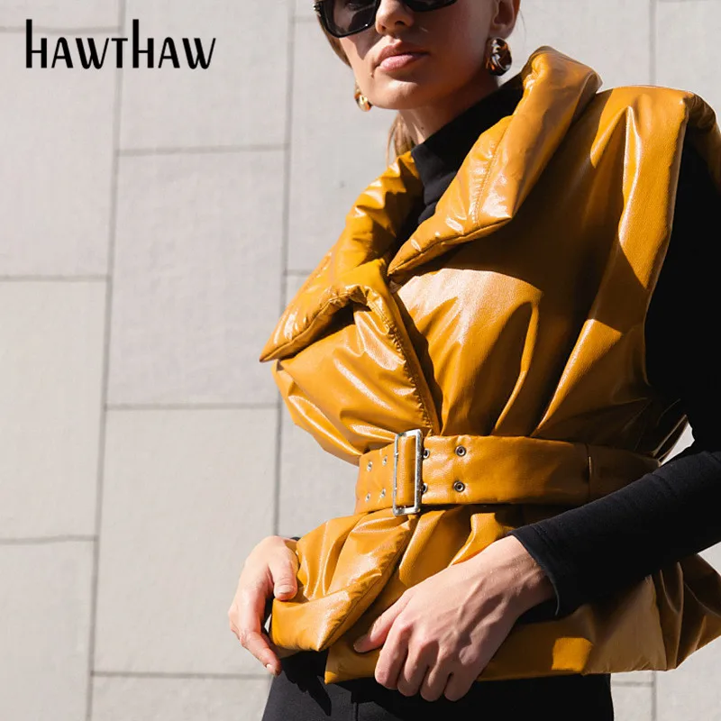 Hawthaw Sieviešu Modes Rudens Ziemas Modes Ādas Josta Biezas Sieviešu Veste Kokvilnas Polsterētām Mētelis Jackaet 2020. Gadam Drēbes Streetwear