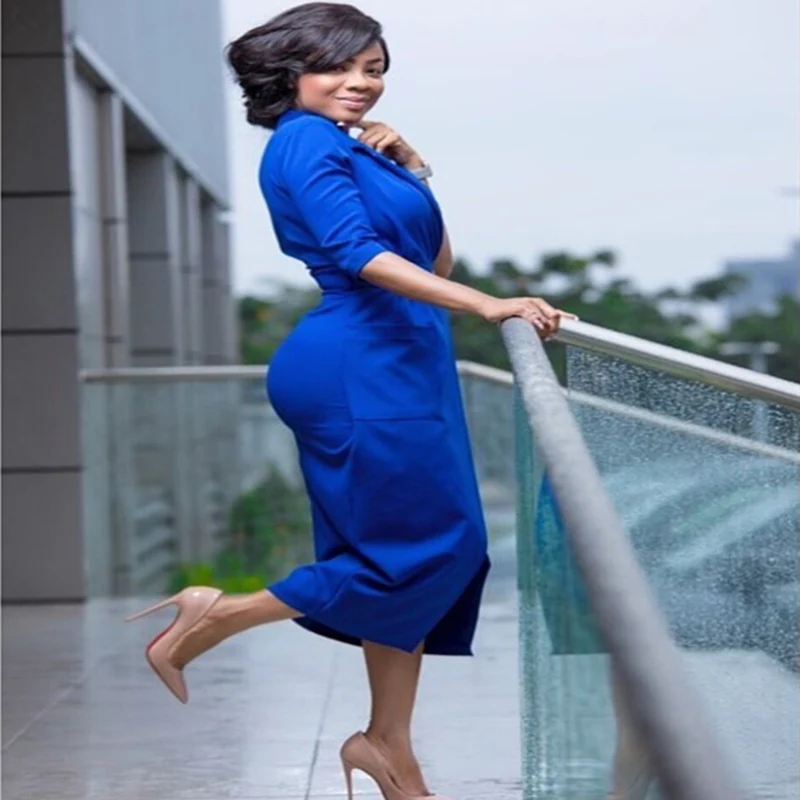 HGTE 2019. gada pavasarī Elegantu zilu melns uzvalks sieviešu biroja kleitu, Liela izmēra Uzvalks apkakles biznesa puse nelegālo lady kleita Bez jostas