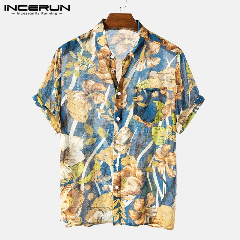 INCERUN Īsām Piedurknēm Vīriešiem Havaju Krekls Ziedu Drukāt Streetwear Atloks Brīvdienas Camisa Masculina 2021. Gada Vasarā Gadījuma Beach Blūze