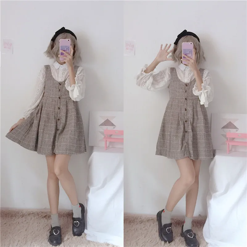 Japāņu Sievietes Kawaii 2 Gab. Komplekts Mori Meitene Baltā Mežģīņu Blūze Pelēkā Vilnas Pleds Slim Mini Sundress Gudrs Preppy Stils Tērpiem