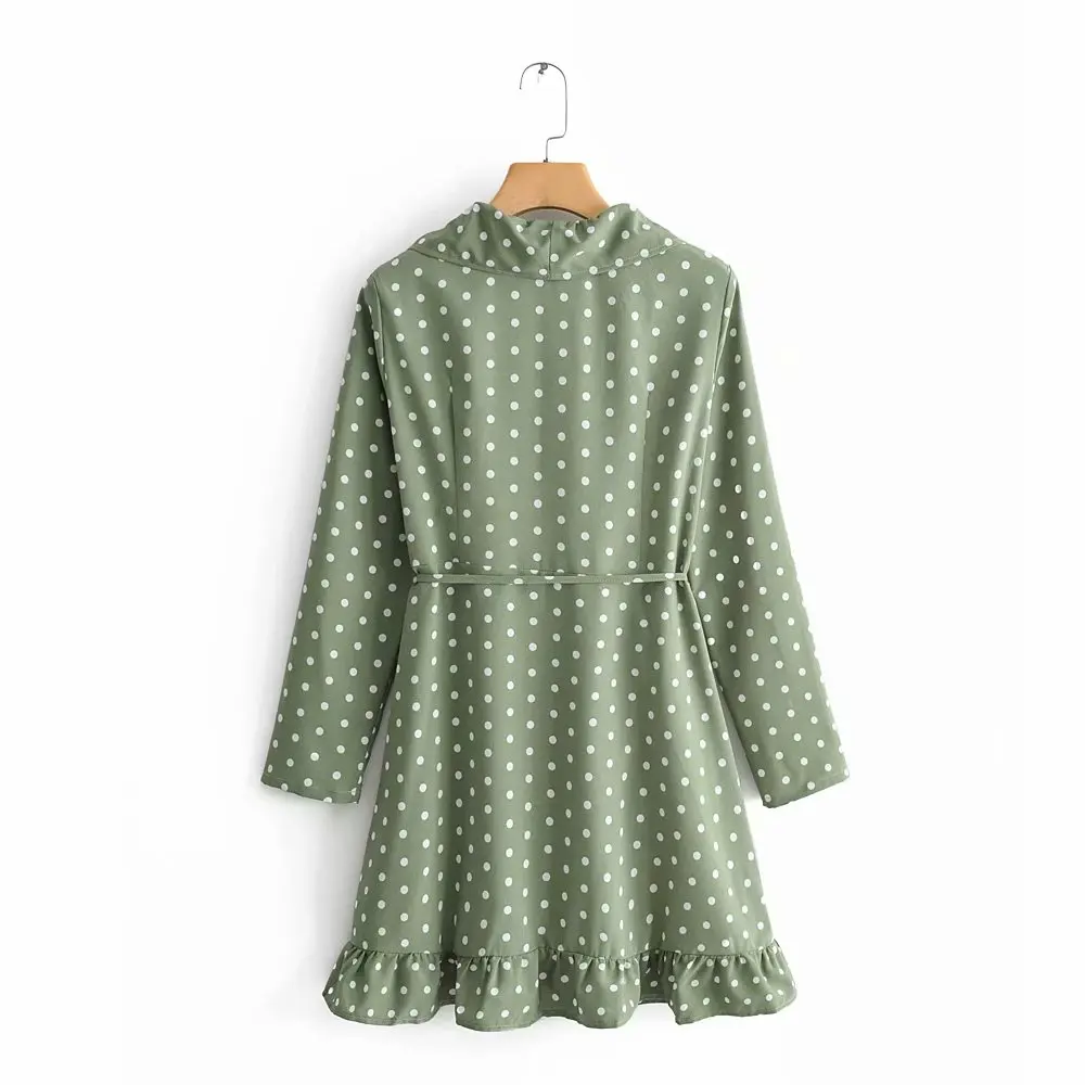 Jaunā sieviešu vintage krusta v kakla zaļā polka dot print mežģīnes up mini kleita sieviešu kaskādes ruffles vestidos puse kleitas DS2608