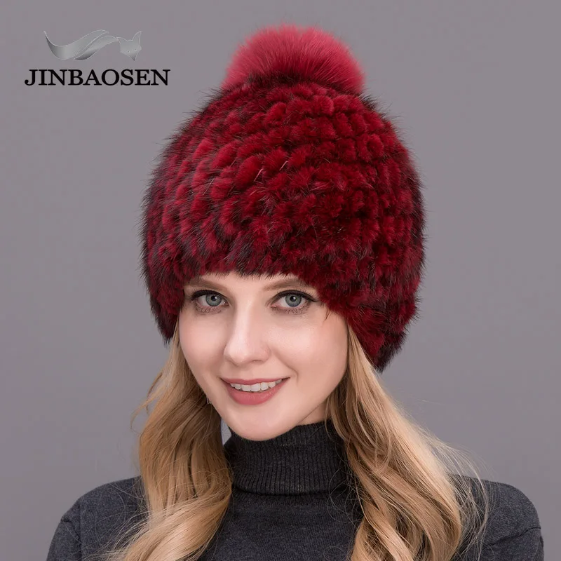 JINBAOSEN jaunu biezas sieviešu cepure karstā pārdošanas nekustamo ūdeļu kažokādas cepuri dāmas ziemas adīt ūdens cepuri ar fox kažokādas pompoms