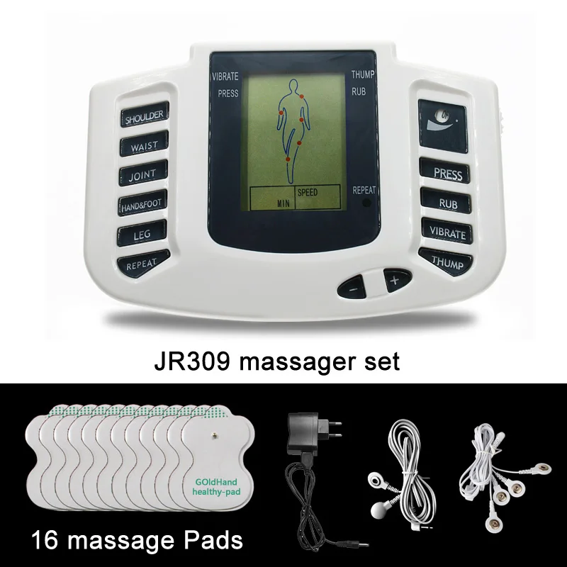 JR309 Veselības Aprūpes Elektriskais Muskuļu Stimulators Massageador Desmitiem Akupunktūra Mašīna Slaidinošu Ķermeņa Masieris 16pcs spilventiņi