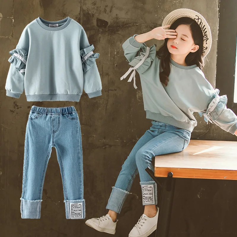 Keelorn 4-13 Y Meiteņu Apģērbu Komplekti, Rudenī Jaunu 2020 Sporta Tērpi Modes Mežģīņu Krekls Top Gadījuma Bikses 2pcs Set Pusaudžu