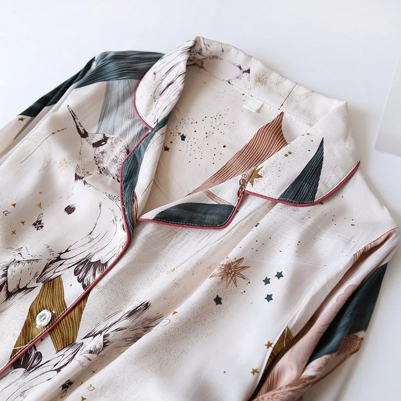 Kokvilnas Iespiesti Sieviešu Pidžamas Komplekts ar garām Piedurknēm 2 Gabali Sleepwear Sieviešu Mājas Tērps 