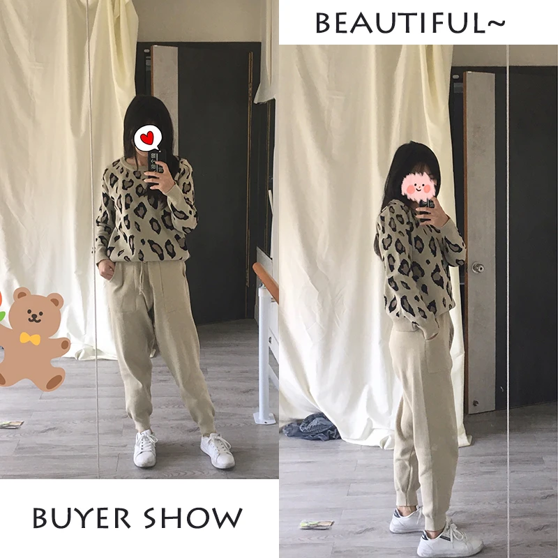 Korejas Leopards Drukāt Trikotāžas Tērpi Sievietēm Streetwear Mīksti Džemperi Džemperis Gadījuma Harēma Sweatpant 2 Gabals Komplekti Rudens Tērpiem
