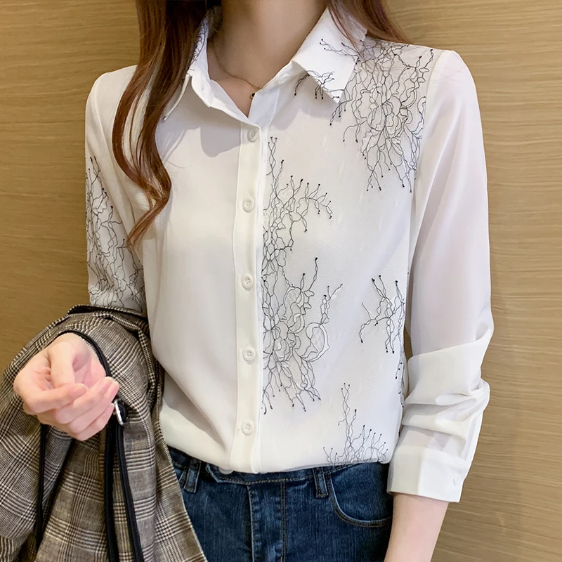 Korejas Sieviešu Blūze Balti Krekli Sieviete Ar Garām Piedurknēm Blūzes Sieviešu Šifona Kreklu Elegants Birojs Dāma Drukāšanas Krekls Topi Plus Lieluma