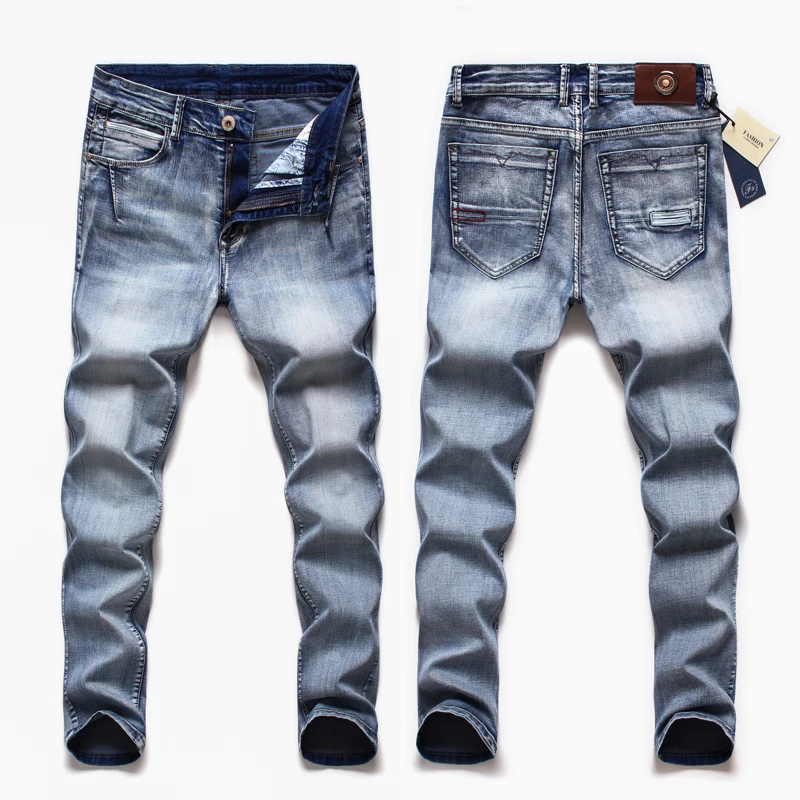 Kvalitātes Slim Jeans Vīriešu Klasiskā Modes Elastību Džinsa Bikses Gaiši Zils Mazgā Zīmola Ikdienas Bikses Vīriešu Plus Lieluma 40-46