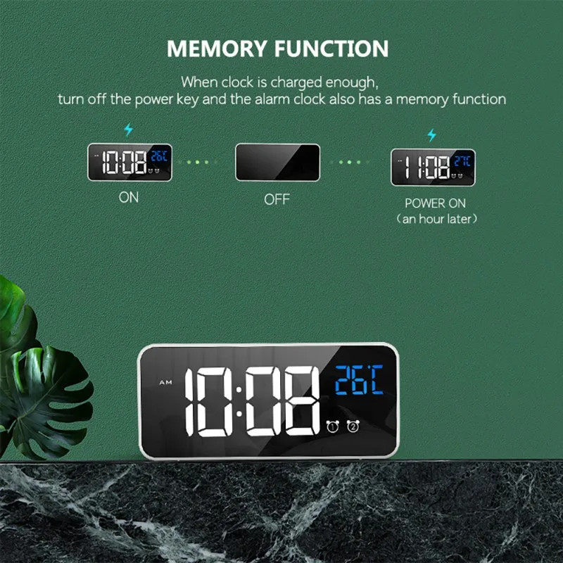 LED Spogulis, Modinātājs, USB Uzlādējams Skaņas Aktivizēta Pulkstenis Ar Snaudas Funkciju Gultas Mūzikas Pulkstenis Mājas Dual Signalizācija