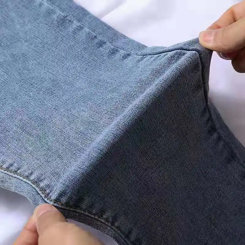 Liela izmēra 100kg zils pelēks stiept augsta vidukļa džinsus sieviešu korejiešu versija slim maz kāju bikses 2020 
