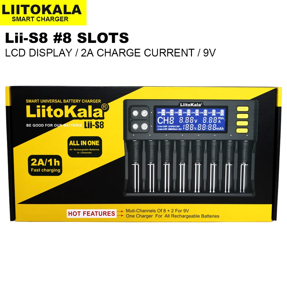LiitoKala Lii-S8 Akumulatoru Lādētāju Li-ion 3.7 V NiMH 1,2 V Li-FePO4 3.2 V IMR 3.8 V lādētāju 18650 26650 21700 26700 AA AAA