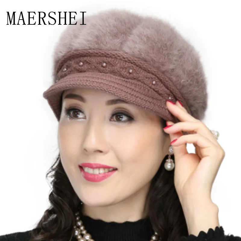 MAERSHEI Sieviešu ziemas kokvilnas cepuri adīt pusmūža cepuri retro sieviete plus samta ziemā silts māte truša vilnas cepurīte
