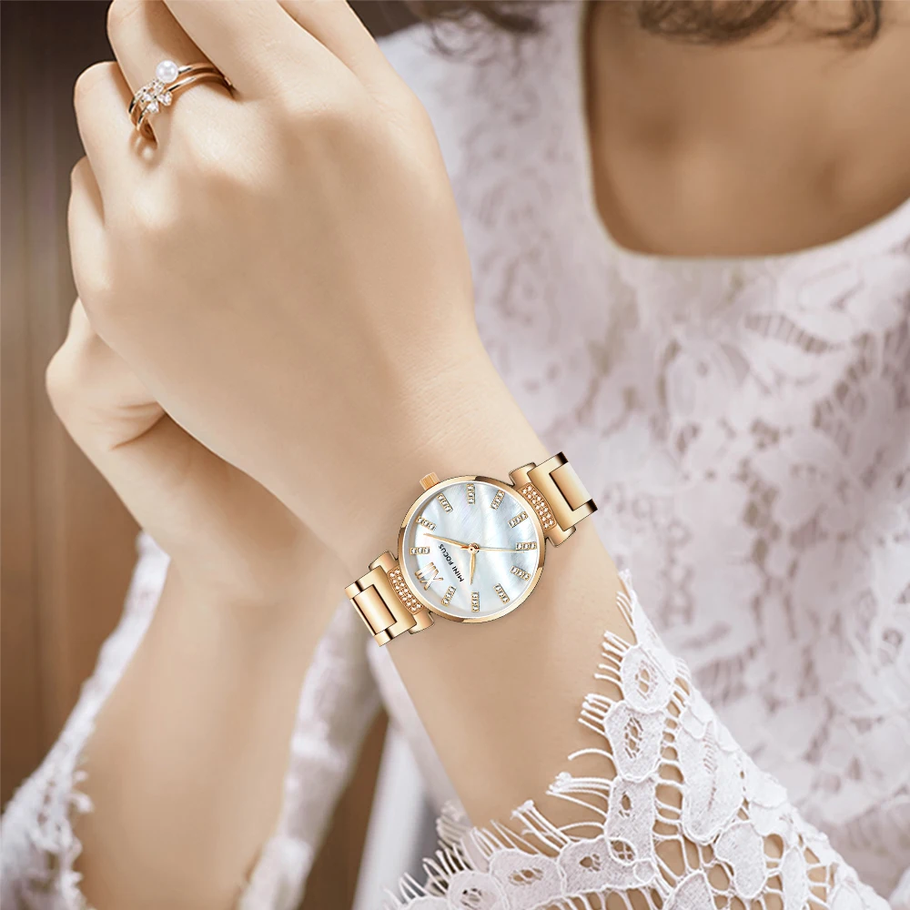 MINIFOCUS Sieviešu Pulksteņi Luksusa Zīmolu Modes Kvarca Dāmas Rhinestone Skatīties Kleitu Rokas pulksteni Vienkāršu Rožu zelta Pulksteni Reloj Mujer