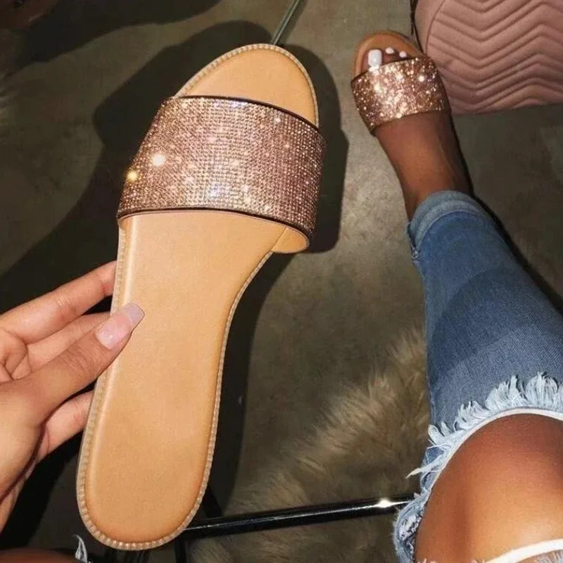 Modes Gold Crystal Sieviešu Sandales Dāmas Vasaras Kurpes, Ērtas Kājām Potītes Dobi Sandales Melnā Dzīvoklis Sandales Sandalias zapatos