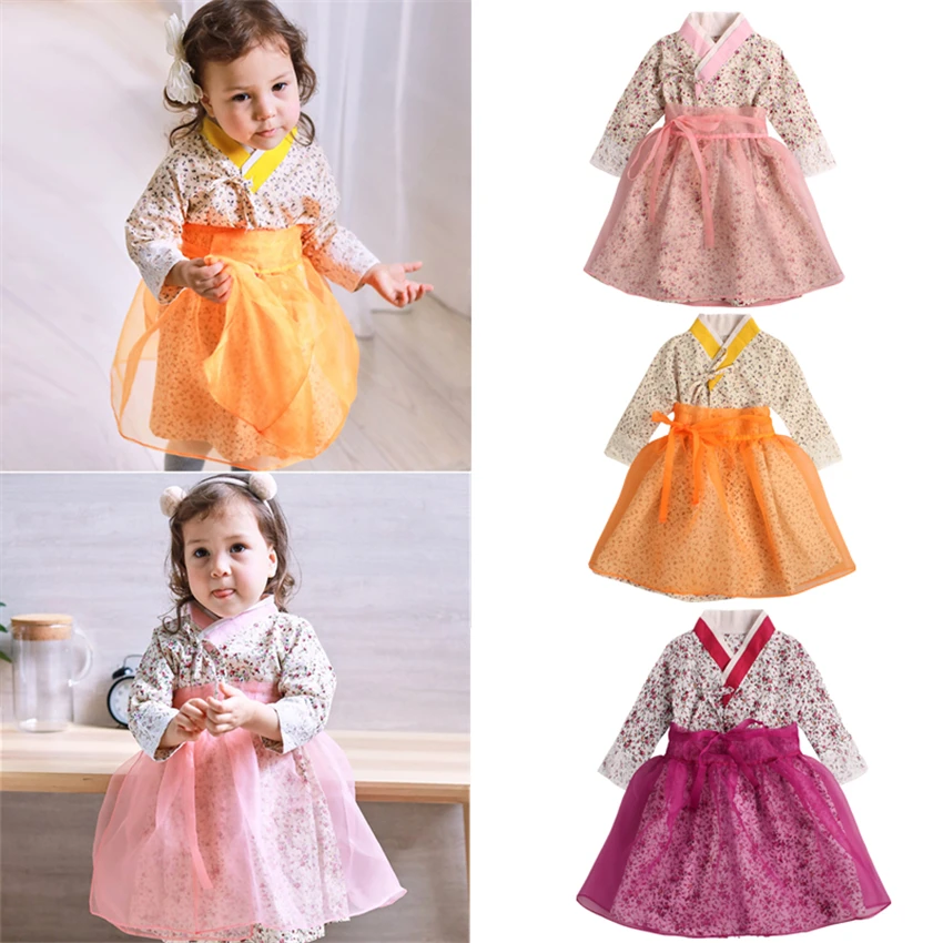 New Baby Meitenes Tradicionālās Korejiešu Hanbok Modes Stila Kokvilnas Kleita Ar Garām Piedurknēm Druka 1-6 Gadus Vecs Bērns Āzijas Apģērbu