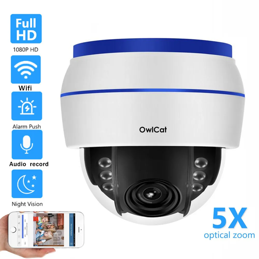 OwlCat Iekštelpu 5MP HD PTZ Dome IP Camera ar WIFI Audio Mikrofons Bezvadu Video Novērošanas Tīkla Cam SD Slots, 5x Optiskā Tālummaiņa