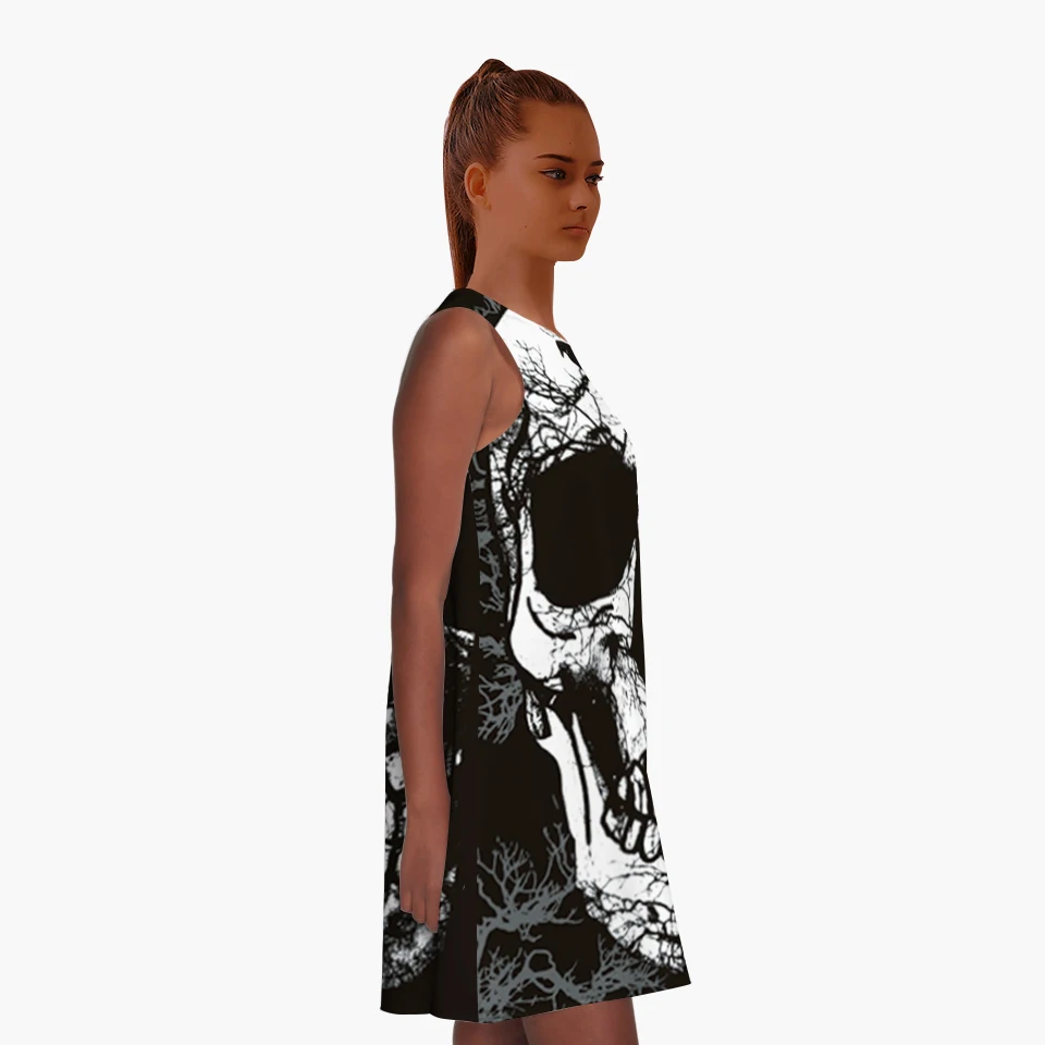 Poliestera/Spandex Melna Kleita 3D Galvaskausa Iespiesti 2017. Gada Vasaras Sievietes Kleitu Puse Vintage Trikotāžas Kleita Brīvs O-veida kakla Gadījuma Kleita