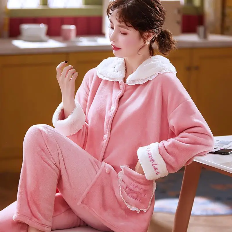 Princese Sleepwear Sieviešu Rozā Flaneļa Pidžamas Seksu Karstā Ziemas Uzstādīt Sieviešu Pidžamas Komplekts Pilnu Piedurknēm Pogas, Kreklu Homewear Lielo Izmēru