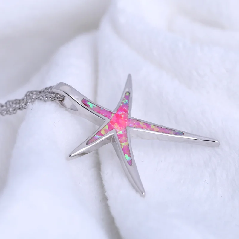 ROLILASON Zvaigžņu dizaina sieviešu kaklarota rozā uguns opāls sudraba zīmogu Kaklarota Kuloni Veselības modes rotaslietas OP822