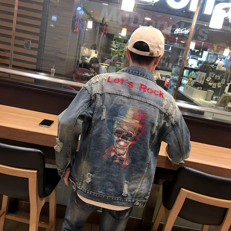 Rudens 2020. gadam, Modes jauns Japāņu marku retro hip-hop iela ripped caurumu jaka gadījuma galvaskausa izšuvumi korejas džinsa apģērbu vīriešiem
