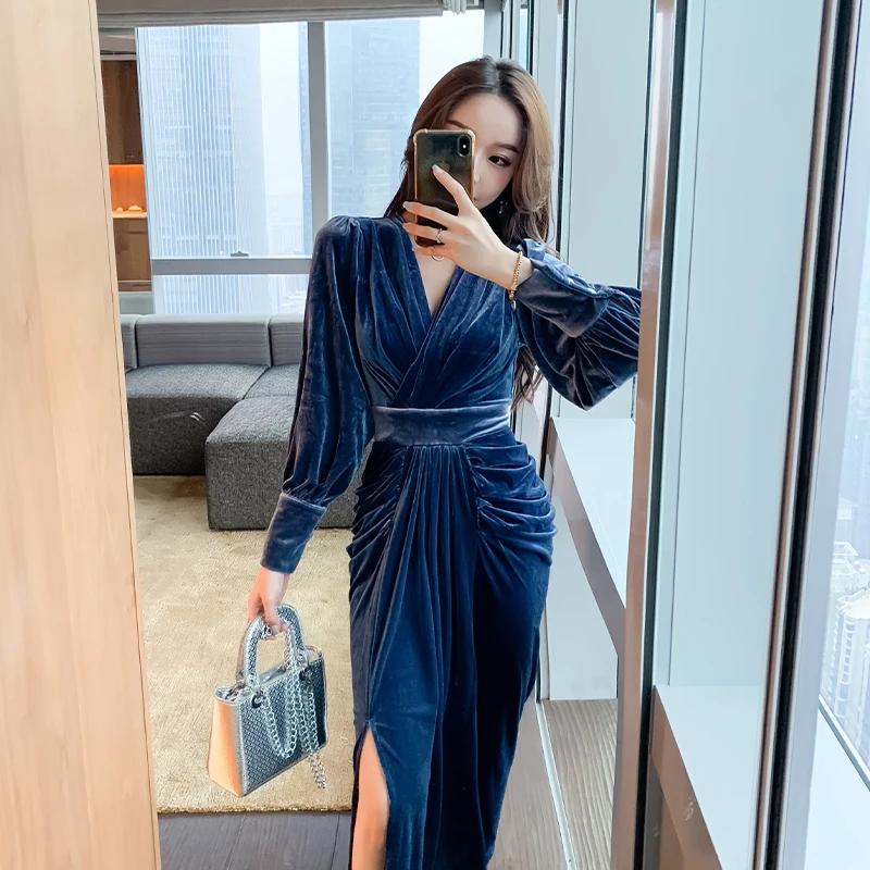 Rudens Maxi Kleitas ir Vienā gabalā Korejas Dāmas Zilā ilgu piedurknēm v-veida kakla tumšā Puse kleita sieviešu apģērbs