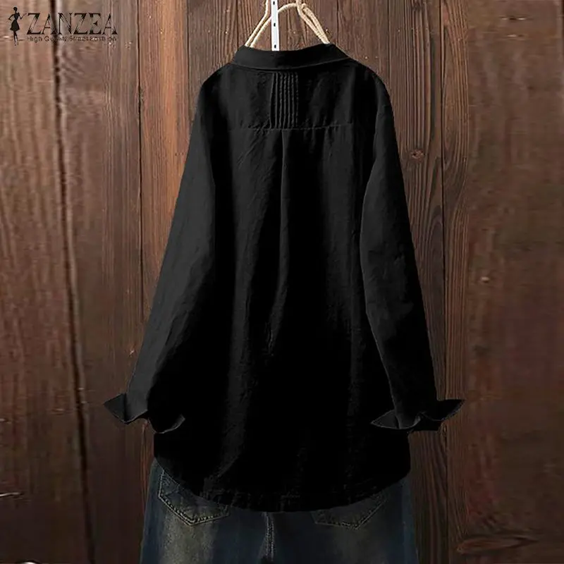 Rudens Vintage Veļa Blūze ZANZEA Sieviešu Atloks Apkakli, garām Piedurknēm Topi Femme Drēbes Pogas Cietā Krekls Ikdienas Darbu Blusas Chemise