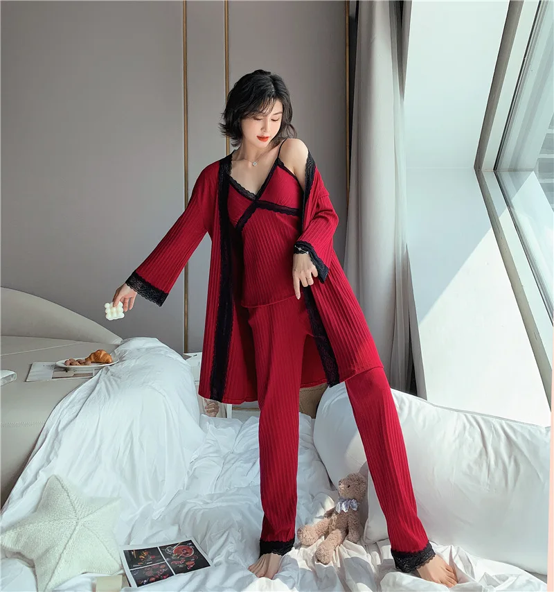 Rudens Ziemas 2019 Sievietes Kokvilnas Pidžamas Komplekti 3 Gabali Mežģīnes Pidžamas Sleepwear Elegants Mežģīņu Naktsveļu Pijama Homewear